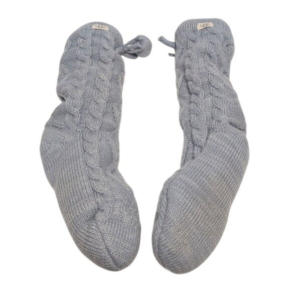 UGG Womens Cable Knit Fleece Lined Socks With Pom Cozy Winter Light Gray Warm - Picture 2 of 4